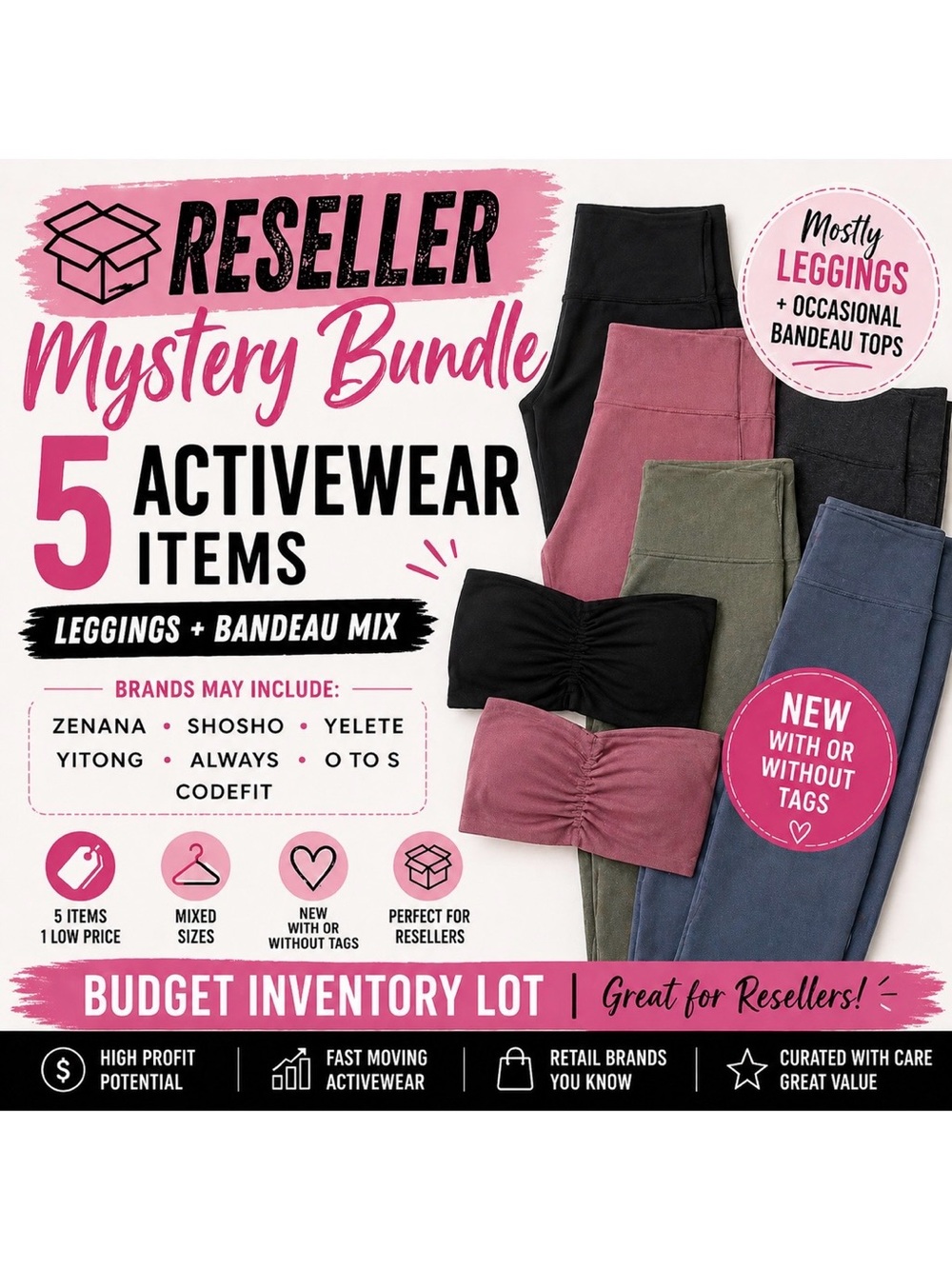 Reseller Mystery Bundle 5 Activewear Items Zenana Shosho Leggings Tops NWT NWOT